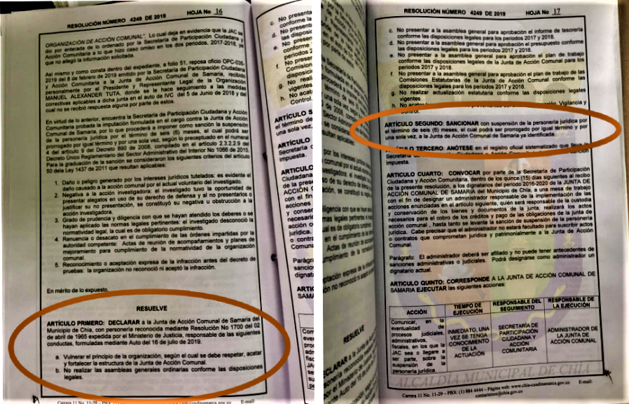 Suspendida personeria de la JAC Samaria de Chia