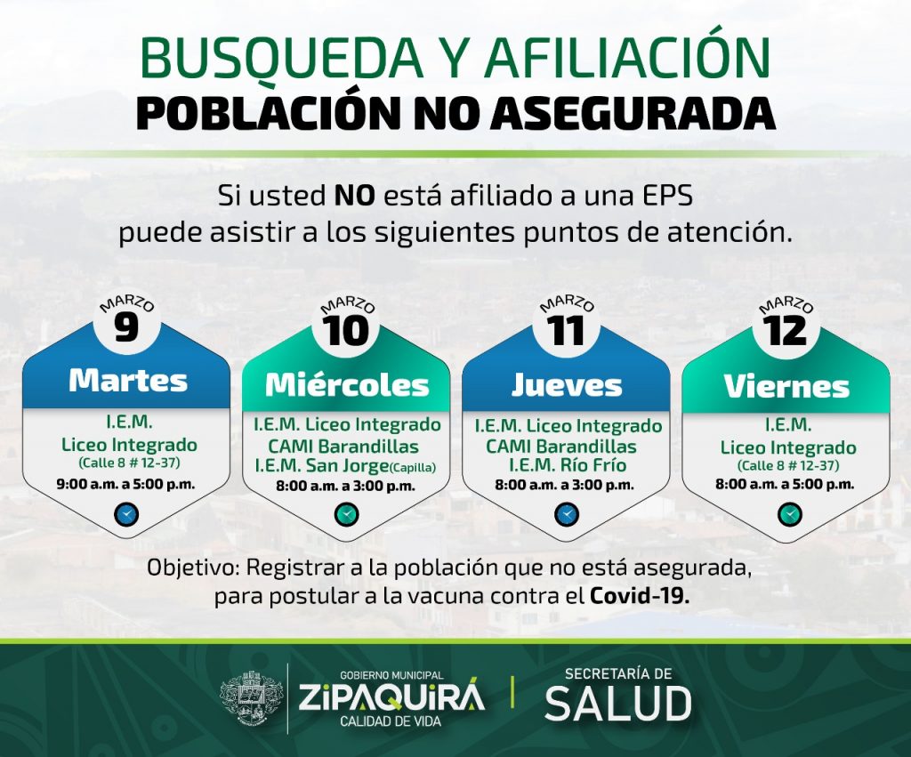 Ciudadanos que no se encuentren afiliados a una EPS podran postularse para ser vacunados en Zipaquira