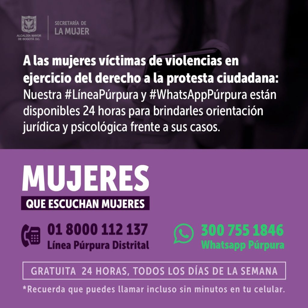 Linea de atencion para mujeres victimas de protestas en Bogota