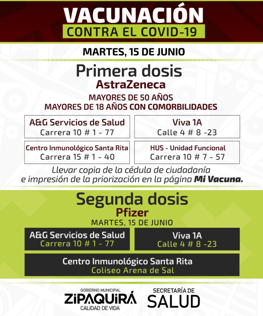 Mayores de 18 anos con comorbilidades pueden ser vacunados hoy en Zipaquira