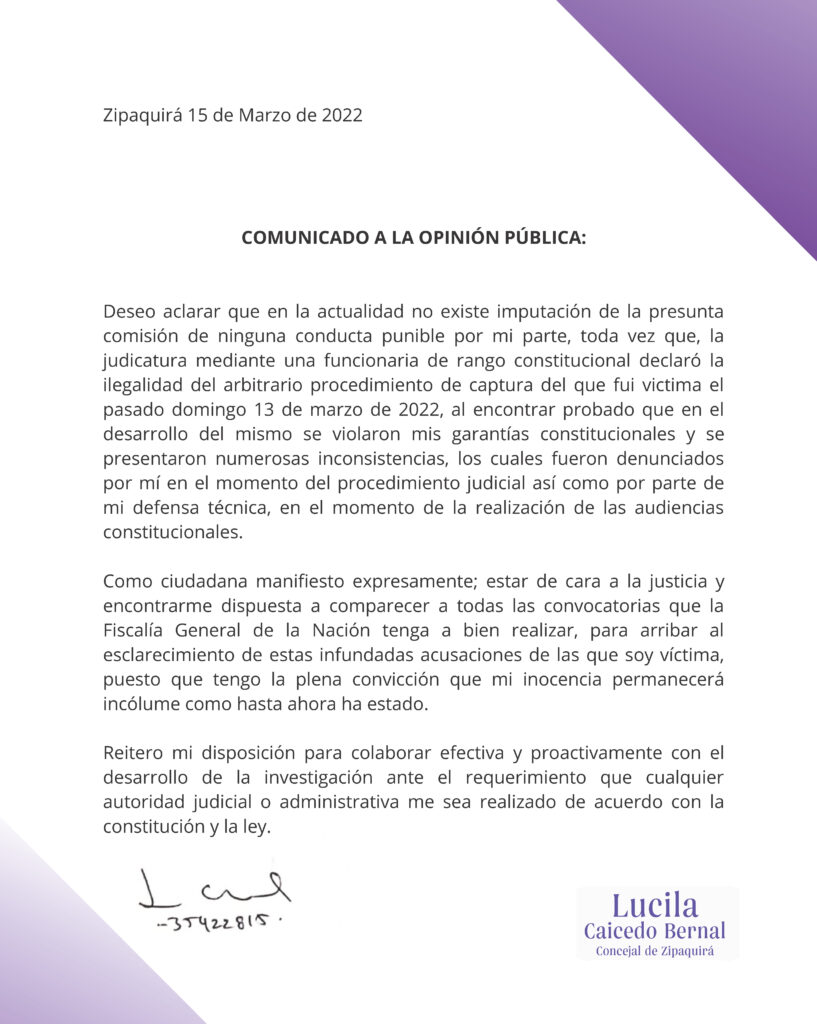 Boletin de prensa Lucila Caicedo