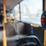 closeup of handle in empty bus during global coronavirus epidemic