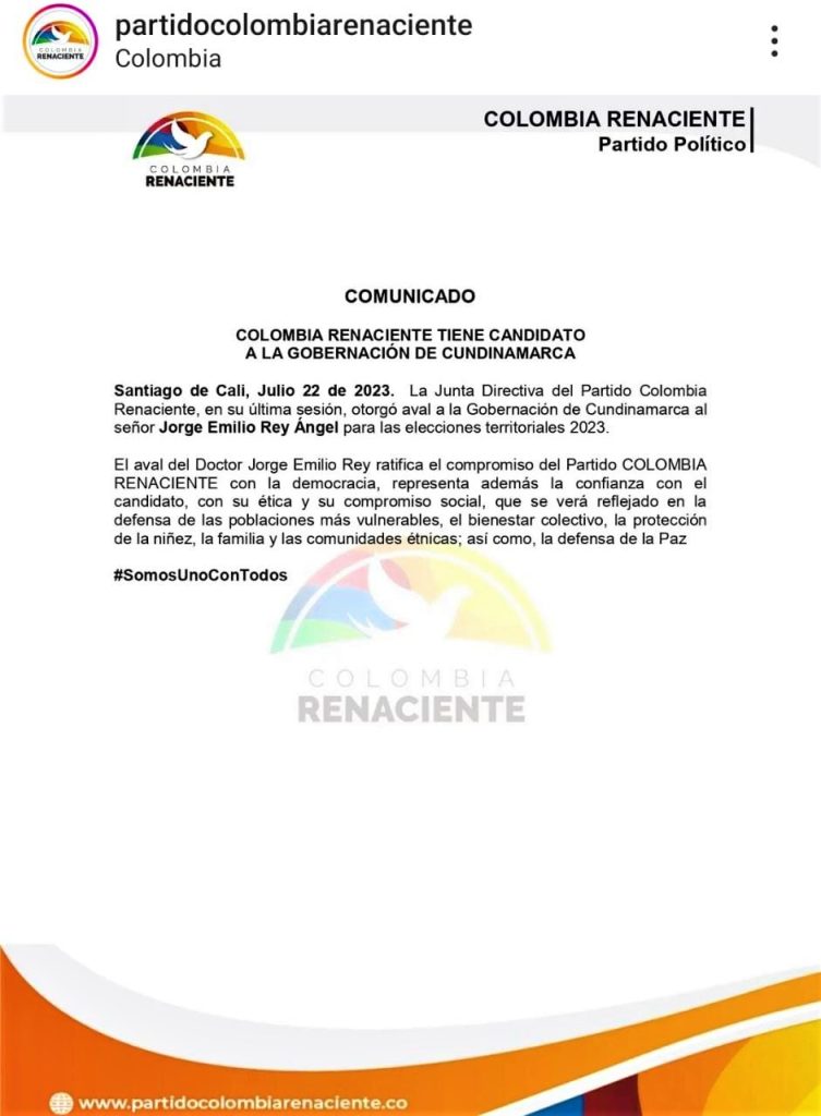 Jorge Rey recibe aval de Colombia Renaciente para la Gobernacion de Cundinamarca