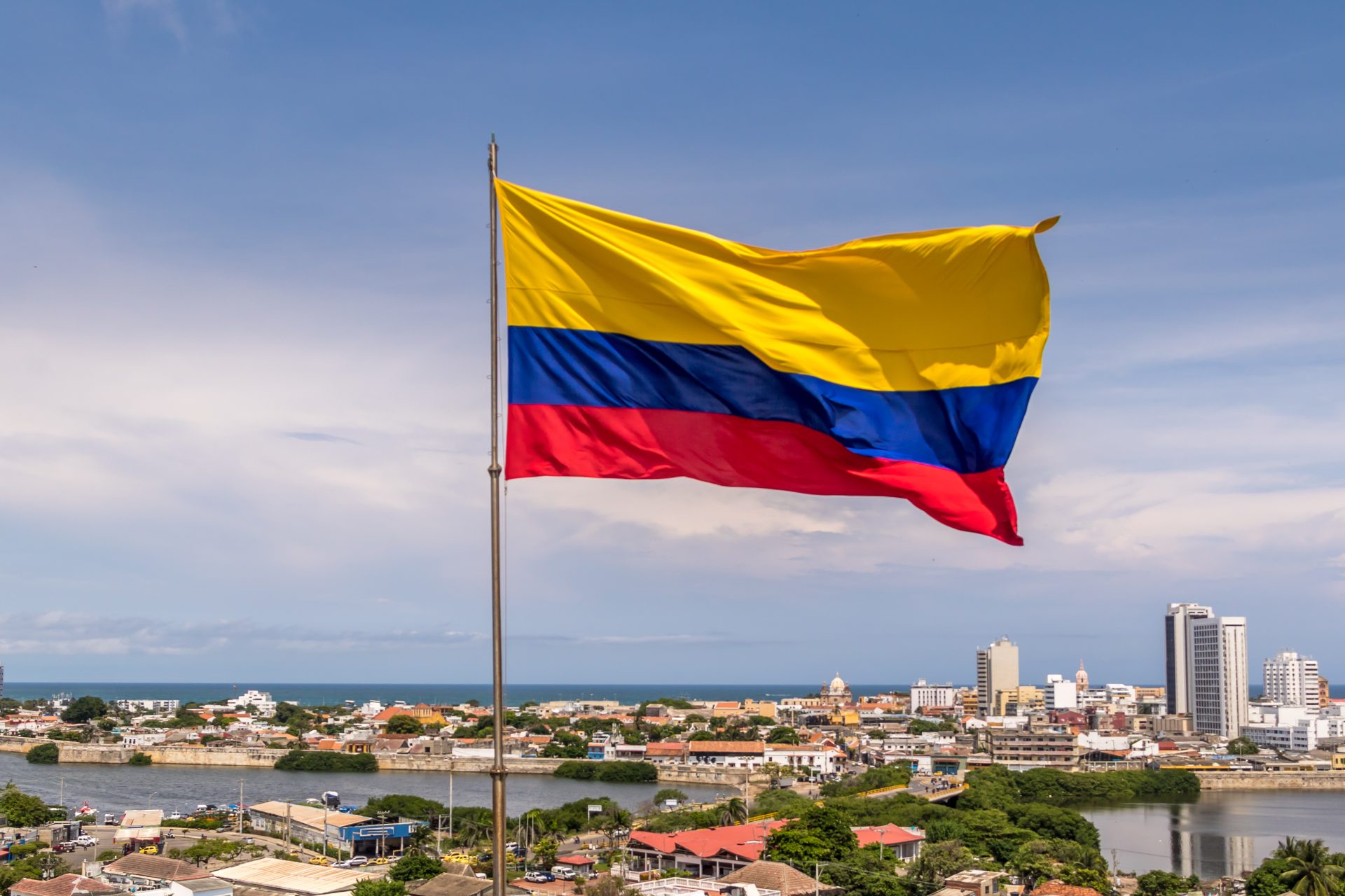 colombian flag over city of cartagena colombia 2022 03 09 16 44 01 utc