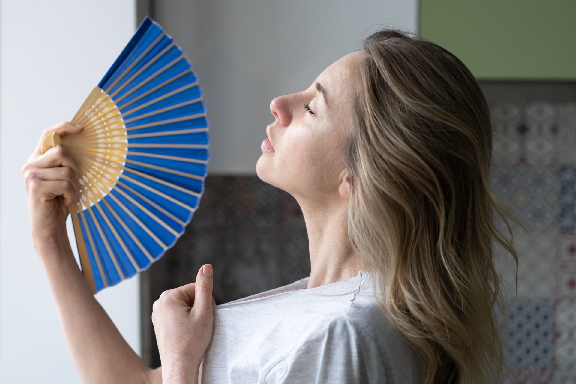 overheated woman in t shirt using wave fan suffer 2022 11 15 04 05 55 utc