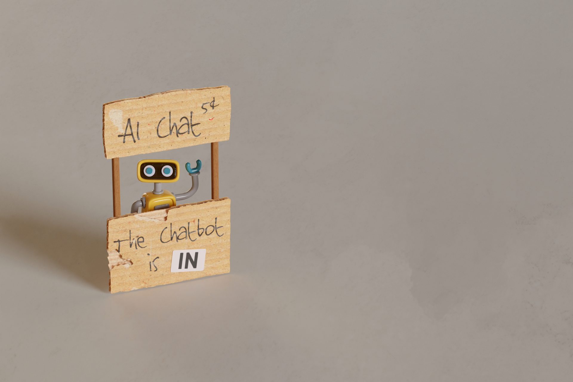 yellow toy robot manning ai chat stand 2023 04 21 21 37 23 utc