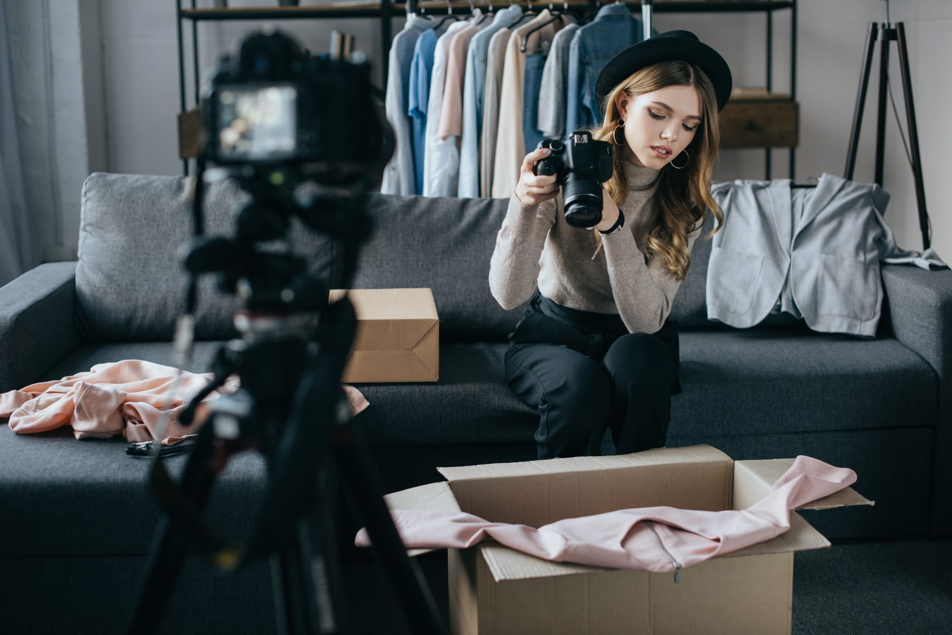 young fashion blogger recording video about dress 2023 02 23 04 12 33 utc