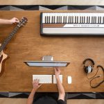 top view of a wooden table with musical instrument 2023 11 27 05 04 08 utc