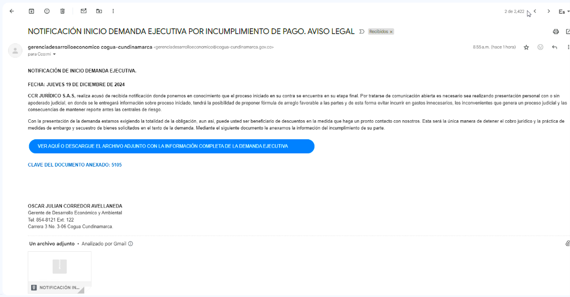 Pantallazo de uno de los correos enviados por los delincuentes que hackearon el correo de la Gerencia de Desarrollo Económico de Cogua.