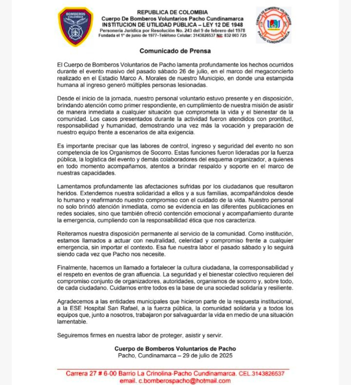 Comunicado de los Bomberos de Pacho