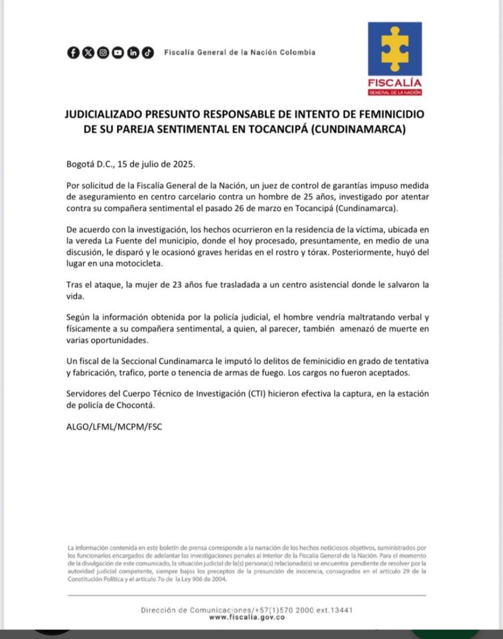 Judicializado presunto responsable de intento de feminicidio de su pareja sentimental en Tocancipa