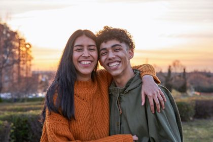 portrait of latin teenage couple smiling at sunset 2025 04 22 00 02 24 utc