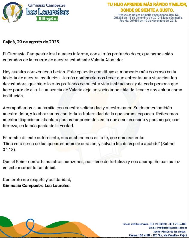 Imagen tomada del comunicado publicado por el Gimnasio Campestre Los Laureles en sus redes sociales.