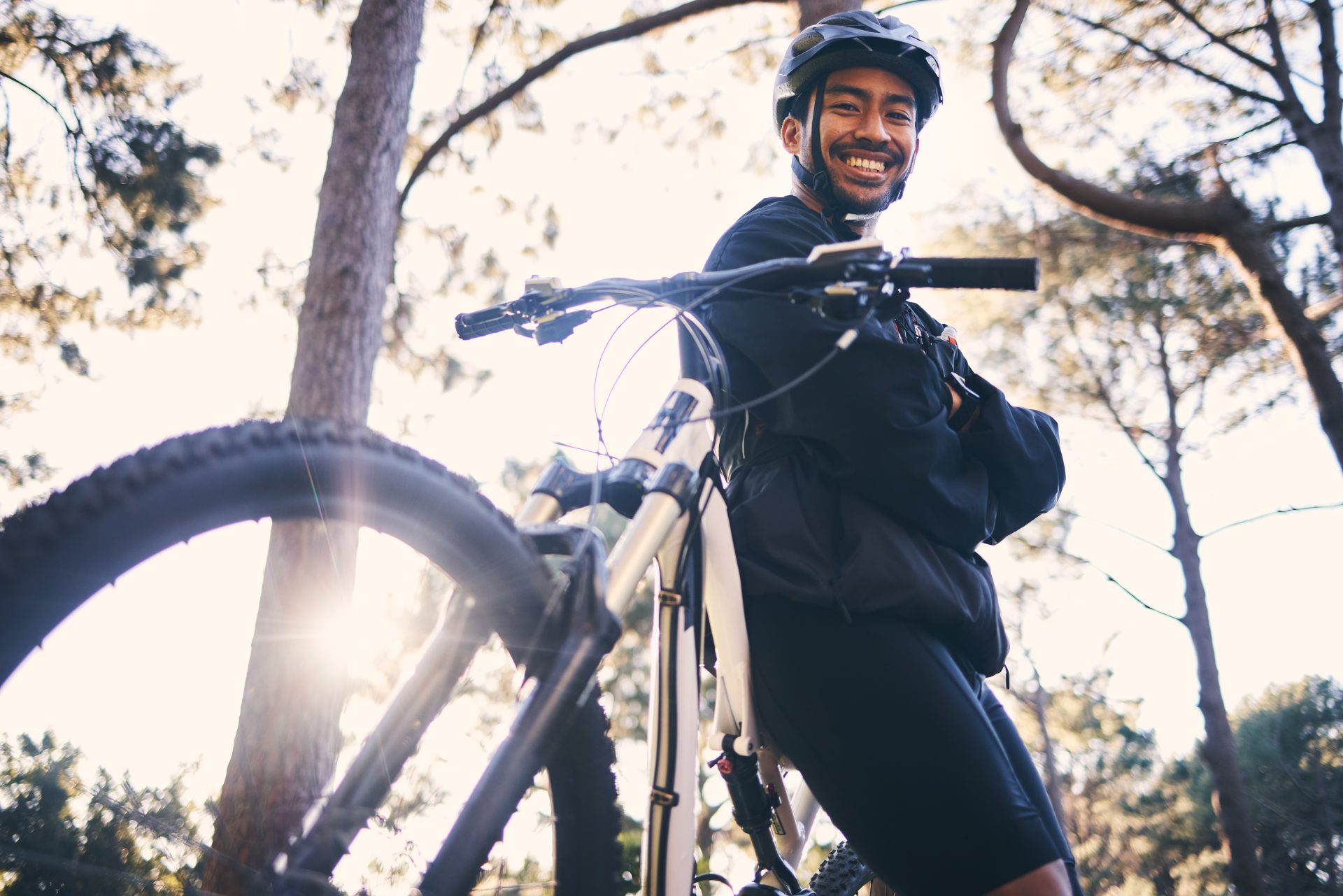 forest fitness and portrait of cyclist with bicyc 2025 04 06 07 24 04 utc