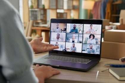 boxes online meeting and business people with lap 2025 04 06 08 57 41 utc