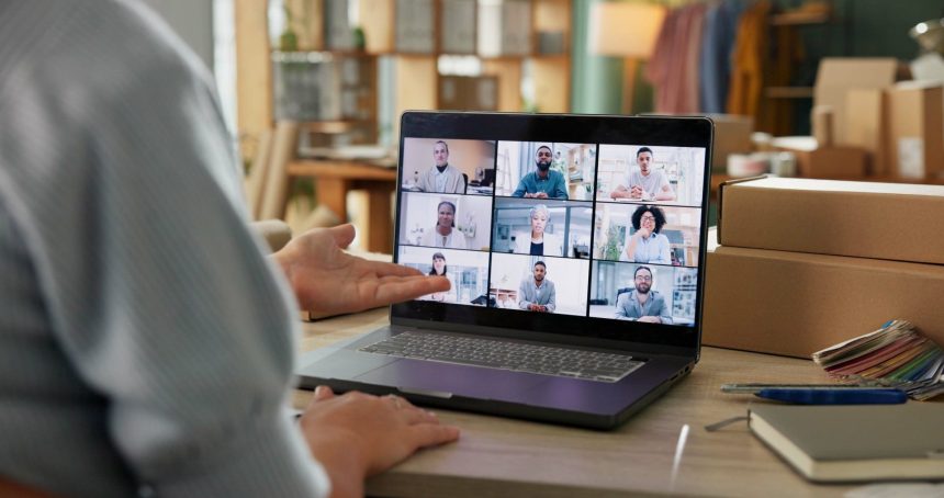 boxes online meeting and business people with lap 2025 04 06 08 57 41 utc