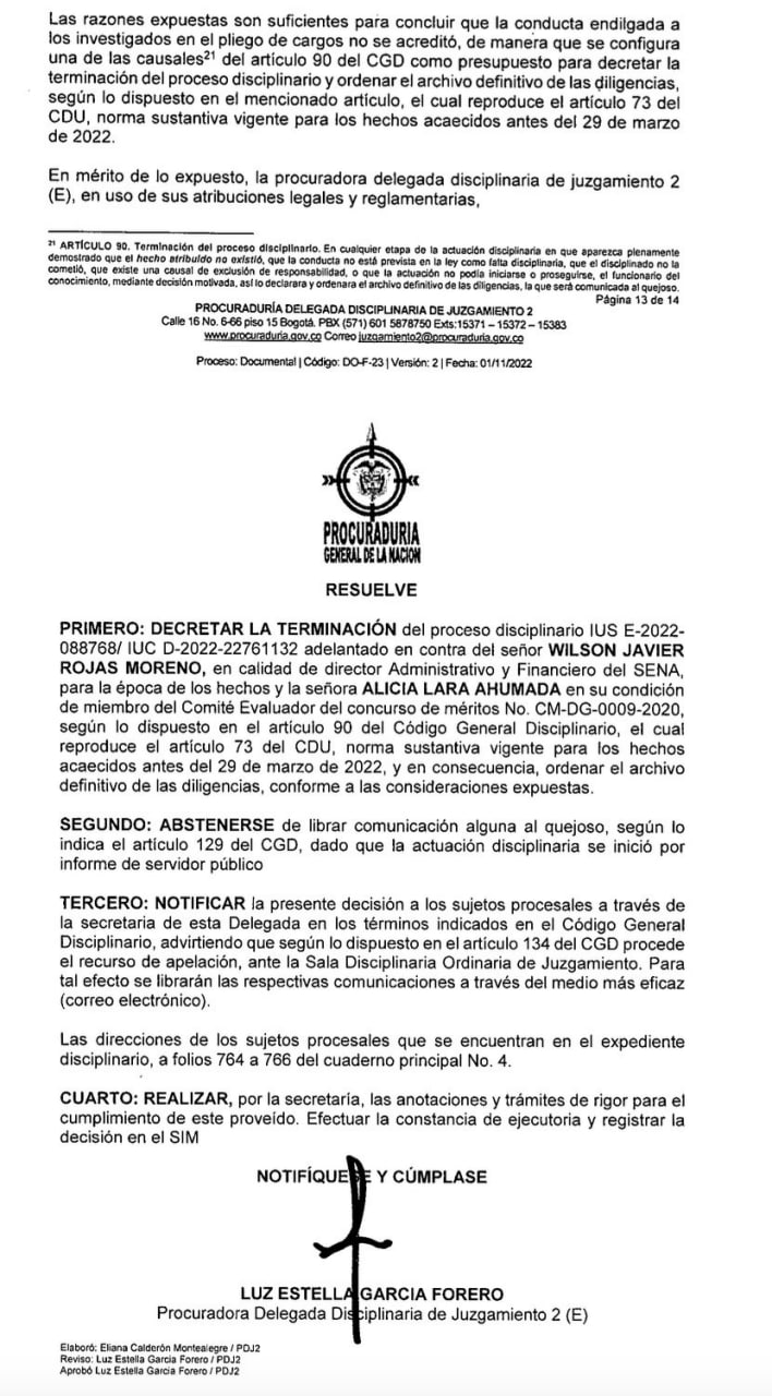 PGN archivo proceso disciplinario contra exdirectivo del SENA por contrato de 3.100 millones2