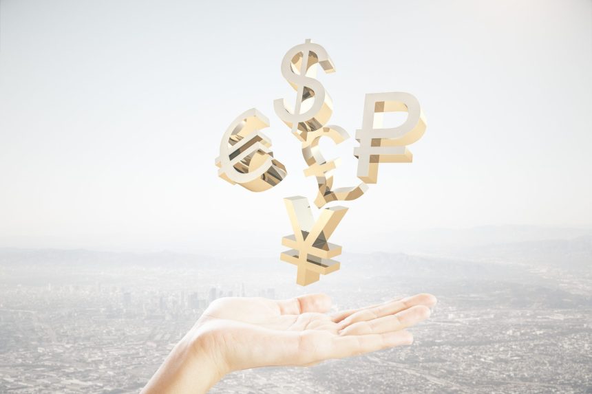 hand holding golden world currency signs on city b 2025 10 15 03 29 40 utc