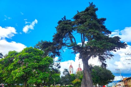 Parque principal de Subachoque. Al fondo se aprecia la torre del campanario y del reloj, y la cúpula. Foto/Extrategia.