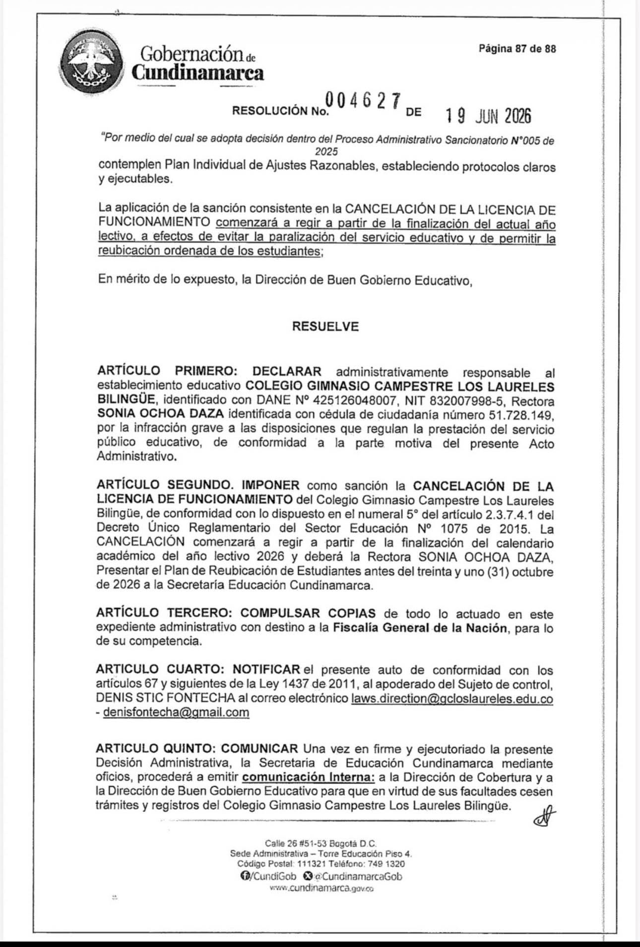 Gobernación de Cundinamarca sanciona al colegio de Cajicá por la muerte de Valeria Afanador y ordena cancelar su licencia de funcionamiento 11