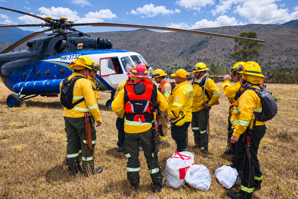 Bomberos de siete municipios de Cundinamarca llegan a Villa de Leyva para ayudar a combatir el incendio forestal