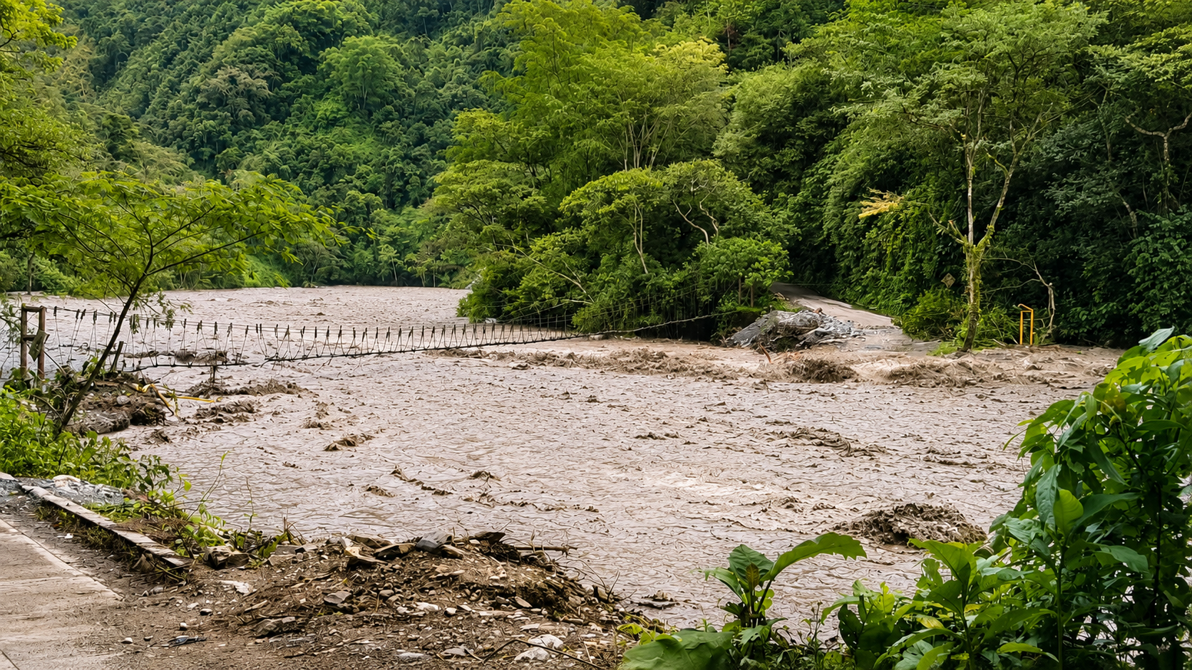 Colapsó el puente El Ocal en Guayabetal tras fuertes lluvias; construirán tarabita y diseñarán nueva estructura 7