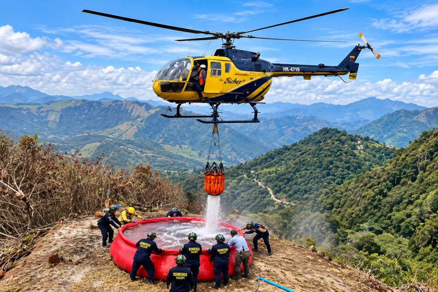 Helicóptero contra incendios en Cundinamarca: 368 descargas y más de 37.950 galones de agua